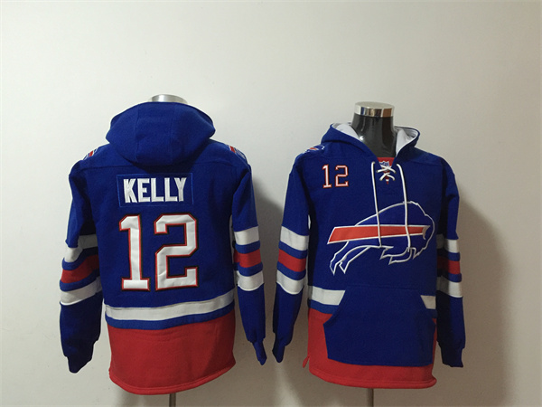 Men's Buffalo Bills #12 Jim Kelly Royal Ageless Must-Have Lace-Up Pullover Hoodie - Click Image to Close